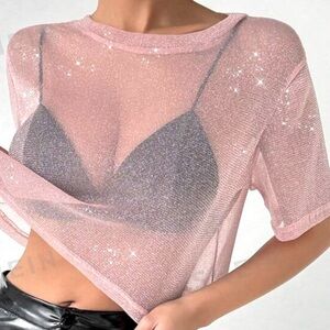 New!! Women's Sparkly Silver Elastic Mesh Top M